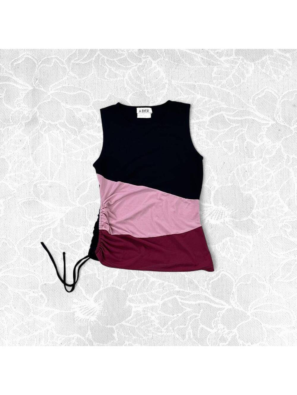 A. Byer Black Pink Burgundy Colorblock Sleeveless Top with Side Drawstring